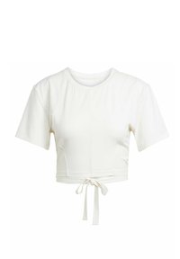 Hvid kortærmet t-shirt lavet af blødt stof. Har korte ærmer, rund halsudskæring og en knytning ved kanten for justerbar pasform.