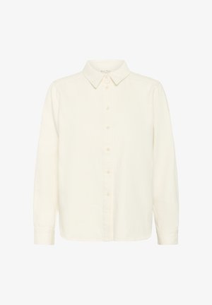 Cream button-up shirt with long sleeves, classic collar, and a straight-cut design. Made from lightweight fabric with a smooth texture.