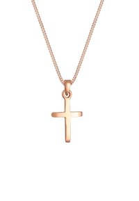 Roséguldkors vedhæng på en fin kæde, med en glat overflade og minimalistisk design. Dimensionerne er kompakte, velegnede til lagdeling.