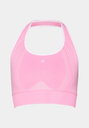 Roze sportbeha met een halternekontwerp, voorzien van subtiele witte patronen en een geribbeld textuur langs de band aan de onderkant.