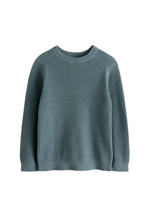 Pull en tricot en tissu bleu-vert doux, avec un col rond, des détails côtelés aux poignets et à l'ourlet, et un design à coupe décontractée.
