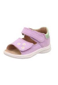 Lavender toddler sandal with two adjustable straps, embroidered white daisies on front strap, light green heel, and white sole.