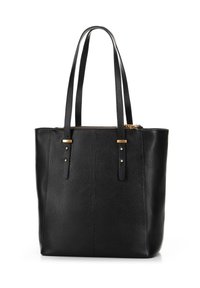 Borsa a tracolla in pelle nera con texture a ciottoli, dotata di due manici lunghi, finiture in metallo dorato e chiusura con zip. Caratterizzata da una forma strutturata e un design essenziale.