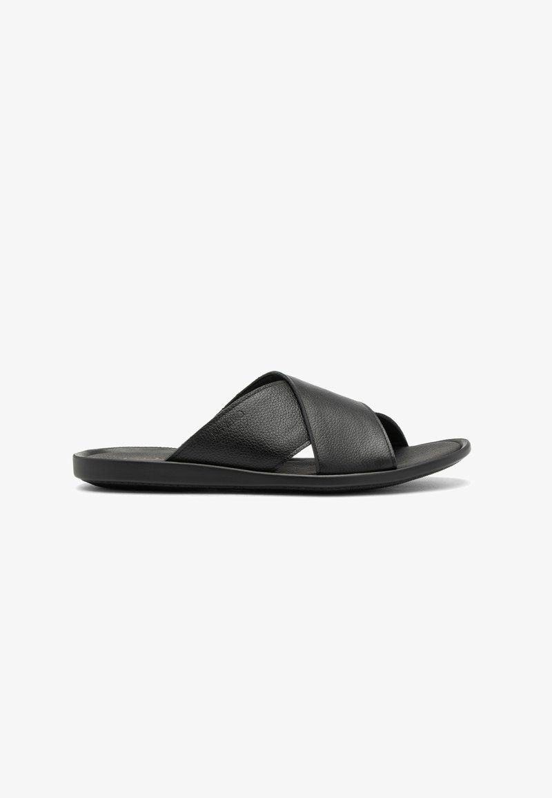 Schwarze Leder-Sandalen mit Slip-on-Design, einem Kreuzriemendesign, einer glatten Textur und einer minimalistischen flachen Sohle.