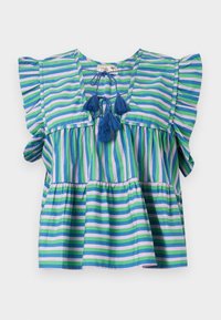 Blusa di cotone a righe con maniche corte a volant, caratterizzata da righe blu, verde e viola, e tre nappine blu al collo.