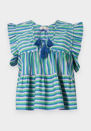 Stripet bomullskjorte med korte volangermer, prydet med blå, grønn og lilla striper, og tre blå dusketråder i halsen.