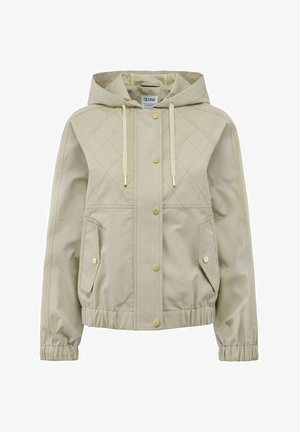 Jasno beżowa kurtka z kapturem, pikowana, z guzikami w kolorze złota, elastycznymi mankietami i dwiema bocznymi kieszeniami. Gładka faktura materiału.