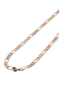 Kædehalssmykke i guld, sølv og rosaguld med sammenflettede ringe med en glat, poleret overflade. Konkave og konvekse led, der skifter.