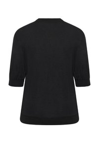 Czarny sweter z krótkimi bufkami i okrągłym dekoltem. Wykonany z gładkiego materiału, posiada ściągacze na dolnym brzegu i mankietach.