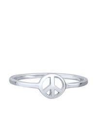 Silberner Friedenssymbolring mit einem dünnen, glatten Band. Das Friedenszeichen hat ein offenes Design, das kreisförmige und lineare Elemente zur Schau stellt.