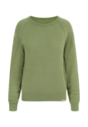 Grüner Strickpullover mit strukturiertem Muster, Rundhalsausschnitt, Raglanärmeln sowie gerippten Bündchen und Saum. Enthält ein kleines Markenetikett am Saum.