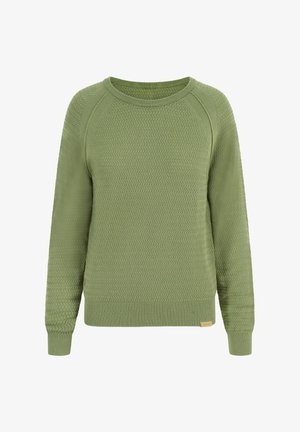Grüner Strickpullover mit strukturiertem Muster, Rundhalsausschnitt, Raglanärmeln sowie gerippten Bündchen und Saum. Enthält ein kleines Markenetikett am Saum.