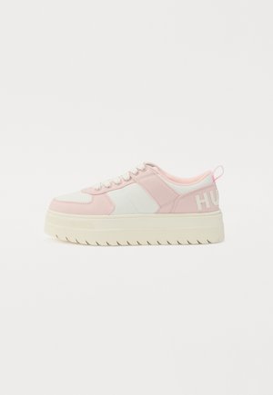 Pink and white platform sneakers with a textured fabric upper, lace closure, and "HUG" printed on the side; rubber outsole with a zigzag pattern.