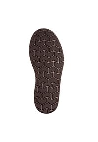Black rubber shoe sole featuring a zigzag tread pattern, rounded front, and a smooth midsection with a slight sheen.