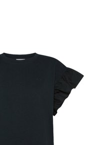 T-shirt nera con una texture a costine e un dettaglio di maniche corte arricciate. Presenta un piccolo logo blu sul petto.