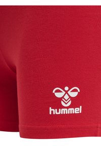 Rote Baumwollboxershorts mit einem weißen Logo am unteren Rand, glatter Textur und einem elastischen Bund für Komfort.