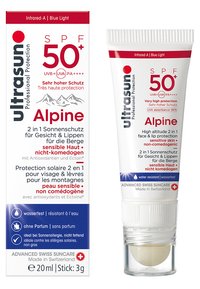 Tuba z filtrem przeciwsłonecznym o białym i niebieskim wzorze, z oznaczeniem SPF 50+, pojemności 20 ml, przeznaczona do skóry wrażliwej, z okrągłym końcówką aplikatora.
