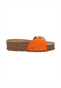 Orange suede slide sandal with a cork footbed, brown rubber outsole, and silver buckle accent. Features a wide, open toe design.