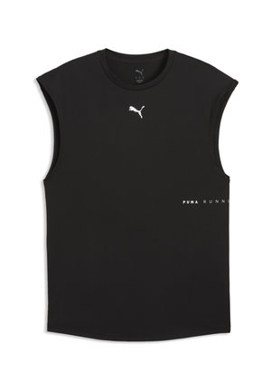 Débardeur de course noir Puma avec logo Puma blanc sur la poitrine et texte "Puma Running" sur le côté.