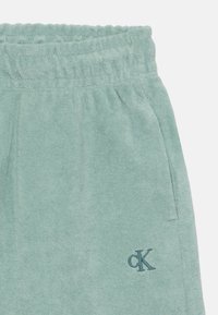 Pantaloni della tuta in spugna verde chiaro, con vita elastica e tasche laterali. Presentano un piccolo logo ricamato blu "ck".
