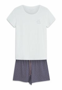 Short-sleeve white cotton top with a "Can't wait for Sundays" print; paired with dark blue shorts featuring small pink polka dots and a drawstring.