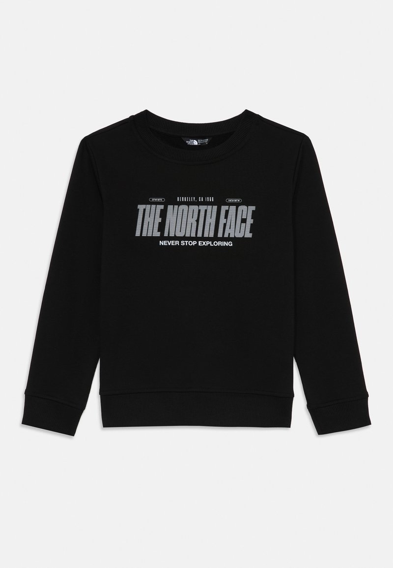 Čierna mikina vyrobená z mäkkého materiálu, s okrúhlym výstrihom, rebrovanými manžetami a grafickým potlačou "THE NORTH FACE" na prednej strane.