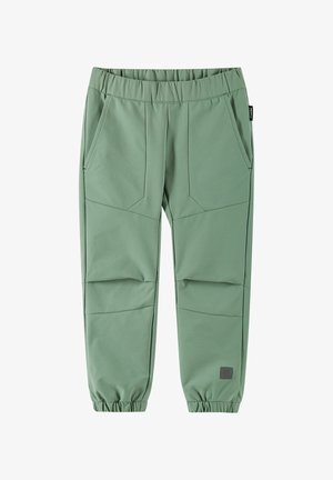 Green fabric pants featuring an elastic waistband, two side pockets, a tapered fit, and subtle seam detailing for added texture.