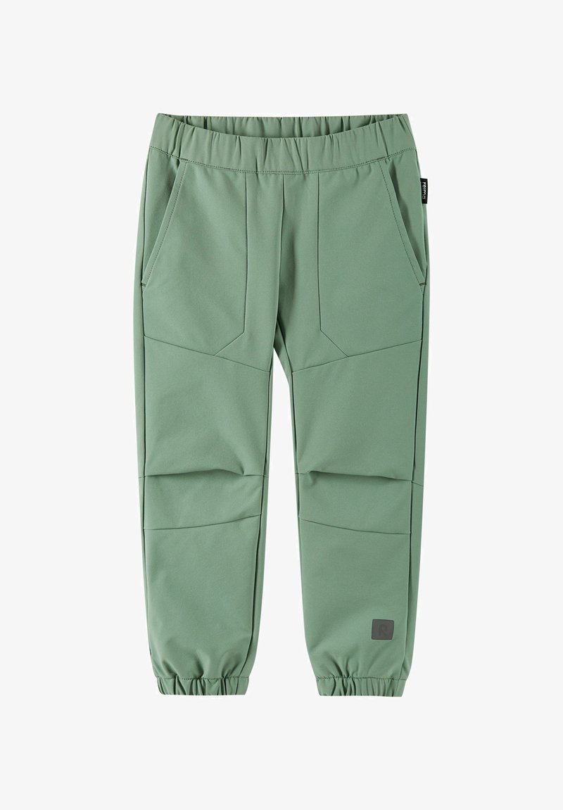 Pantalon en tissu vert avec une taille élastique, deux poches latérales, une coupe fuselée et des détails de coutures subtiles pour plus de texture.