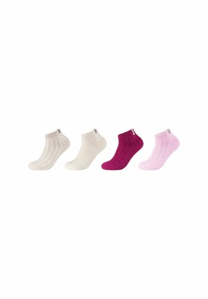 Four pairs of ankle-length socks in beige, dark pink, and light pink. The socks feature a ribbed texture and a small logo on the cuff.