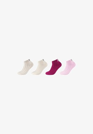 Quattro paia di calzini alla caviglia in beige, rosa scuro e rosa chiaro. I calzini presentano una texture a costine e un piccolo logo sul risvolto.