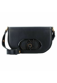 Borsa a tracolla in pelle nera con una texture liscia, forma ovale sulla parte anteriore, dettagli dorati e un logo prominente al centro.