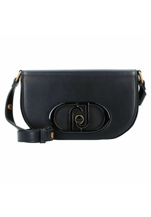 Borsa a tracolla in pelle nera con una texture liscia, forma ovale sulla parte anteriore, dettagli dorati e un logo prominente al centro.