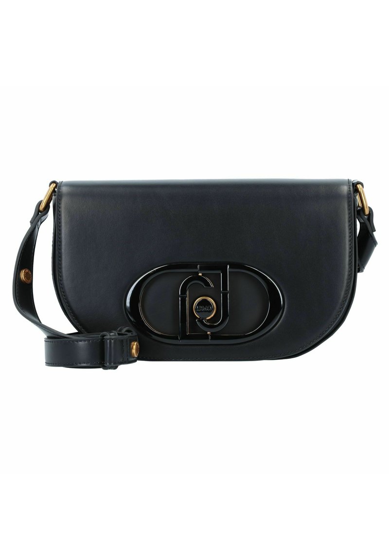 Borsa a tracolla in pelle nera con una texture liscia, forma ovale sulla parte anteriore, dettagli dorati e un logo prominente al centro.
