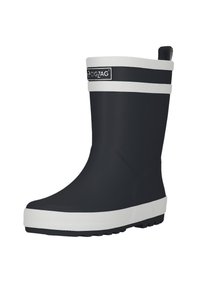 Botte de pluie en caoutchouc noir avec une bande rayée blanche en haut et une semelle blanche ; semelle avec texture pour plus d'adhérence ; languette pour faciliter l'enfilage.