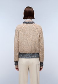 Beżowy sweter dziany o wykończeniu teksturowym, z niebiesko-czarnym prążkowanym kołnierzem i mankietami, w luźnym kroju z rękawami raglanowymi.