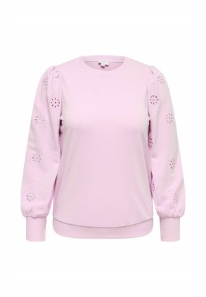 Roze sweatshirt met opgeblazen mouwen, voorzien van geborduurde bloemvormige uitsnijdingen op de schouders en geribbelde manchetten en zoom. Zachte katoenen stof.