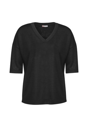 Zwarte V-hals T-shirt met korte mouwen, gemaakt van zachte stof. Losvallende pasvorm, rechte zoom en subtiel label zichtbaar op de halslijn.