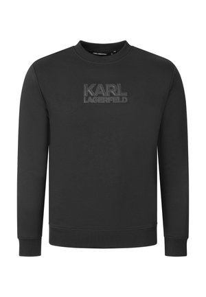 Zwarte trui met lange mouwen en ronde hals, met geperst "KARL LAGERFELD"-logo op de borst en geribde boorden en zoom.