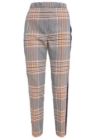 Pantalons slim-fit avec un motif tartan gris, orange et noir, taille élastique et bandes latérales bleu marine.