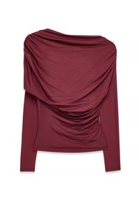 Sügavast burgundist pikkade varrukatega topp, millel on kogutud drapeering kaeluses ja külgedel, sile tekstuur ja sobiv disain.