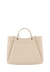 Borsa tote in pelle beige con doppi manici corti, hardware argento e finitura testurizzata. Presenta una silhouette arrotondata e un branding minimale.