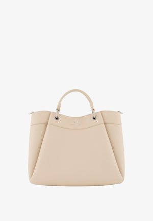 Borsa tote in pelle beige con doppi manici corti, hardware argento e finitura testurizzata. Presenta una silhouette arrotondata e un branding minimale.