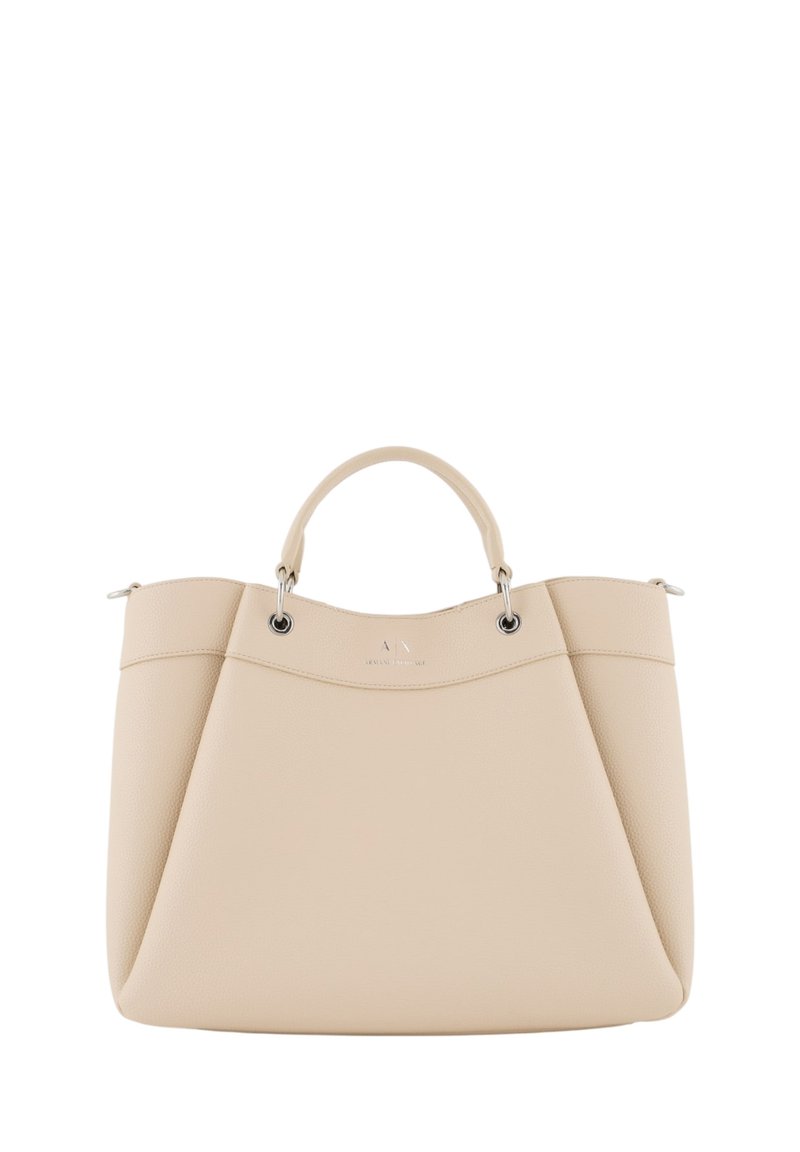 Borsa tote in pelle beige con doppi manici corti, hardware argento e finitura testurizzata. Presenta una silhouette arrotondata e un branding minimale.