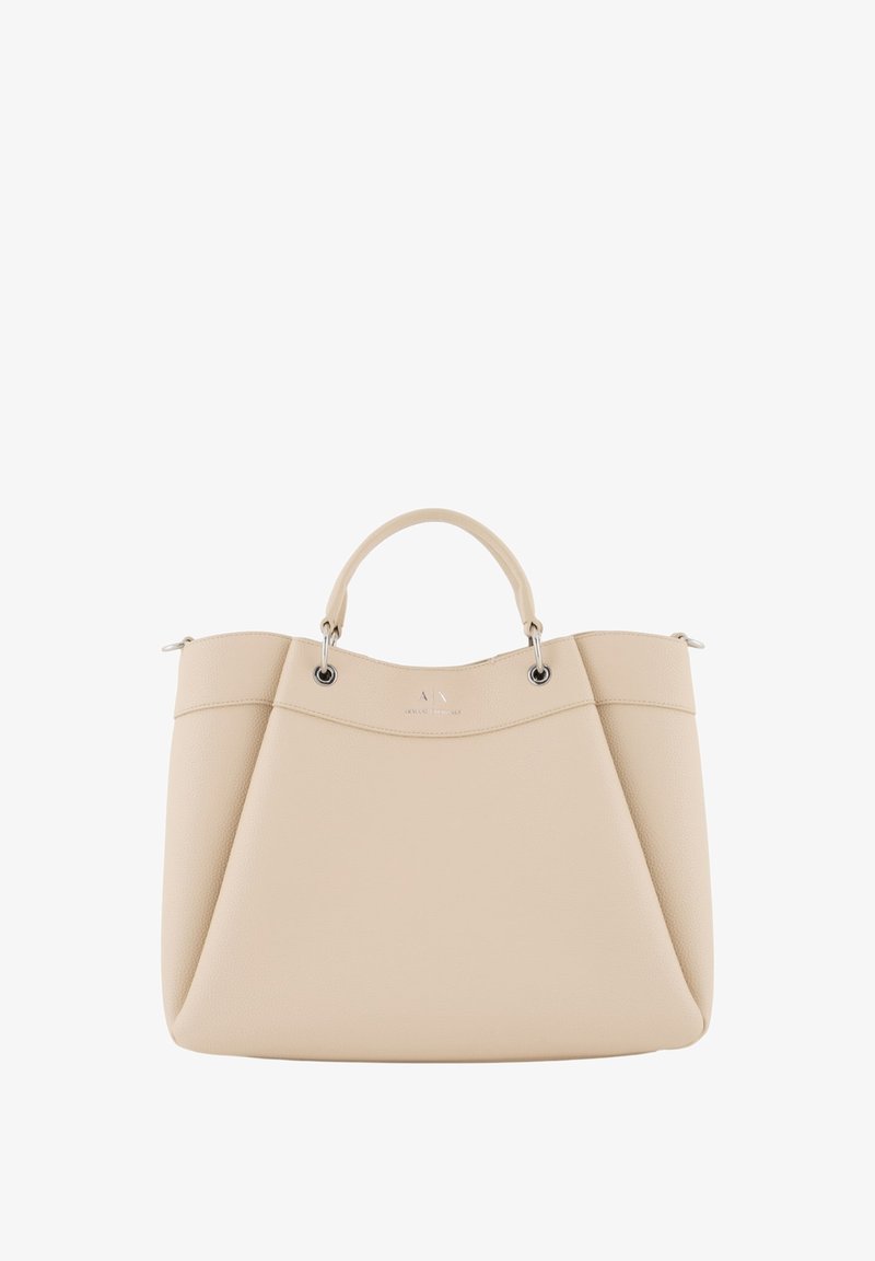 Borsa tote in pelle beige con doppi manici corti, hardware argento e finitura testurizzata. Presenta una silhouette arrotondata e un branding minimale.