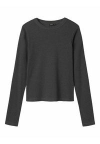Dunkelgraues Langarmshirt aus geripptem Stoff. Hat einen runden Ausschnitt und einen verkürzten Schnitt mit sauberen Nähten. Keine sichtbaren Muster oder Akzente.