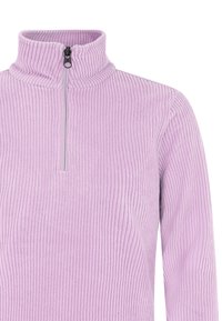 Šviesiai violetinė zip-skydo puloveris, pagamintas iš veliūrinės medžiagos. Turintis aukštą apykaklę ir švelnų audinį su ketvirčio ilgio užtrauktuku.