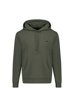 Olive green hoodie made of cotton blend, featuring a drawstring hood, front pouch pocket, ribbed cuffs, and a small logo accent.
