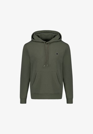Olivgrüner Hoodie aus Baumwollmischung, mit verstellbarem Kapuzenzug, Fronttasche, gerippten Bündchen und einem kleinen Logoakzent.
