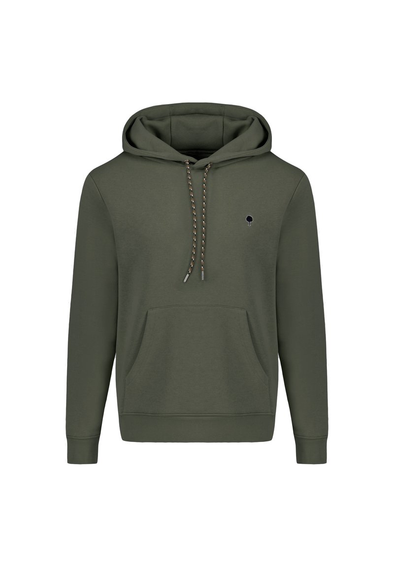 Haut à capuche vert olive en mélange de coton, avec une capuche à cordon, une poche avant, des poignets côtelés et un petit logo.