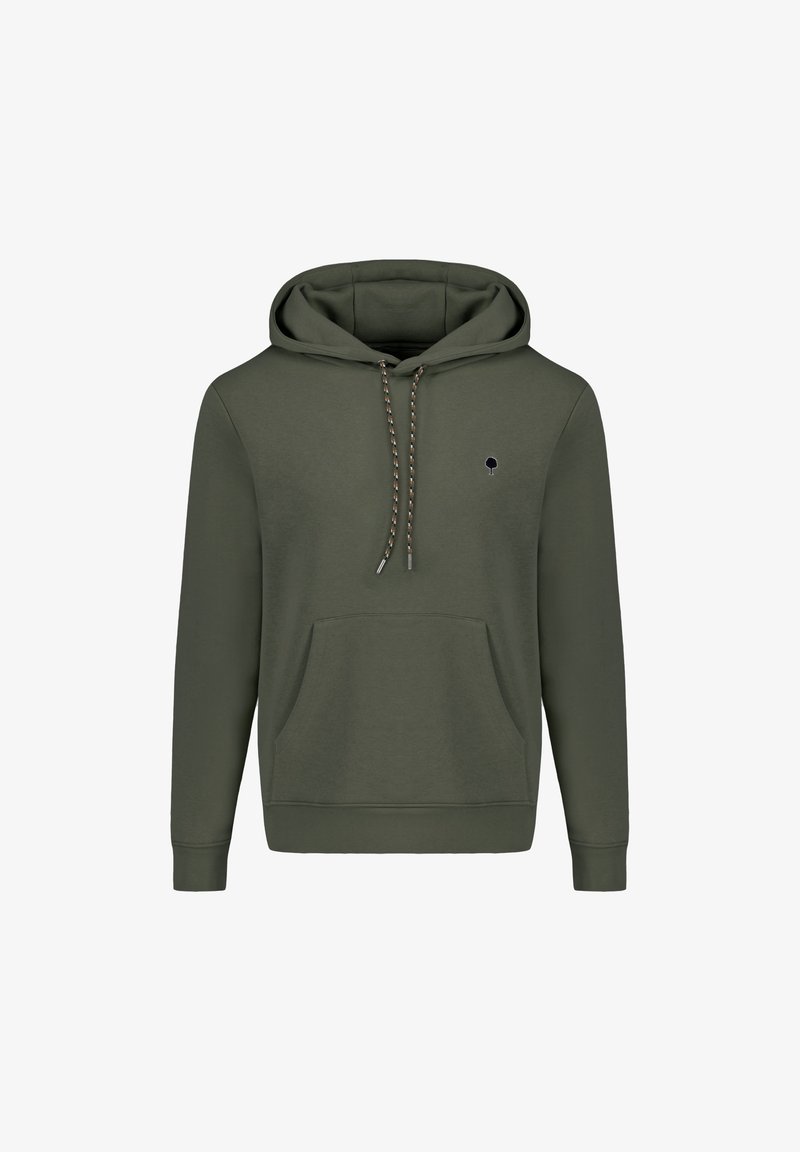Felpa verde oliva realizzata in misto cotone, con cappuccio regolabile, tasca anteriore a marsupio, polsini a costine e un piccolo logo decorativo.